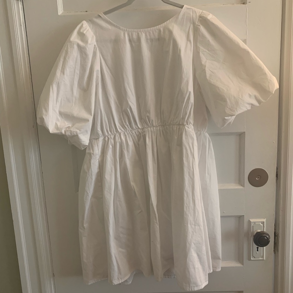 Poplin-crewneck bubble-sleeve mini dress